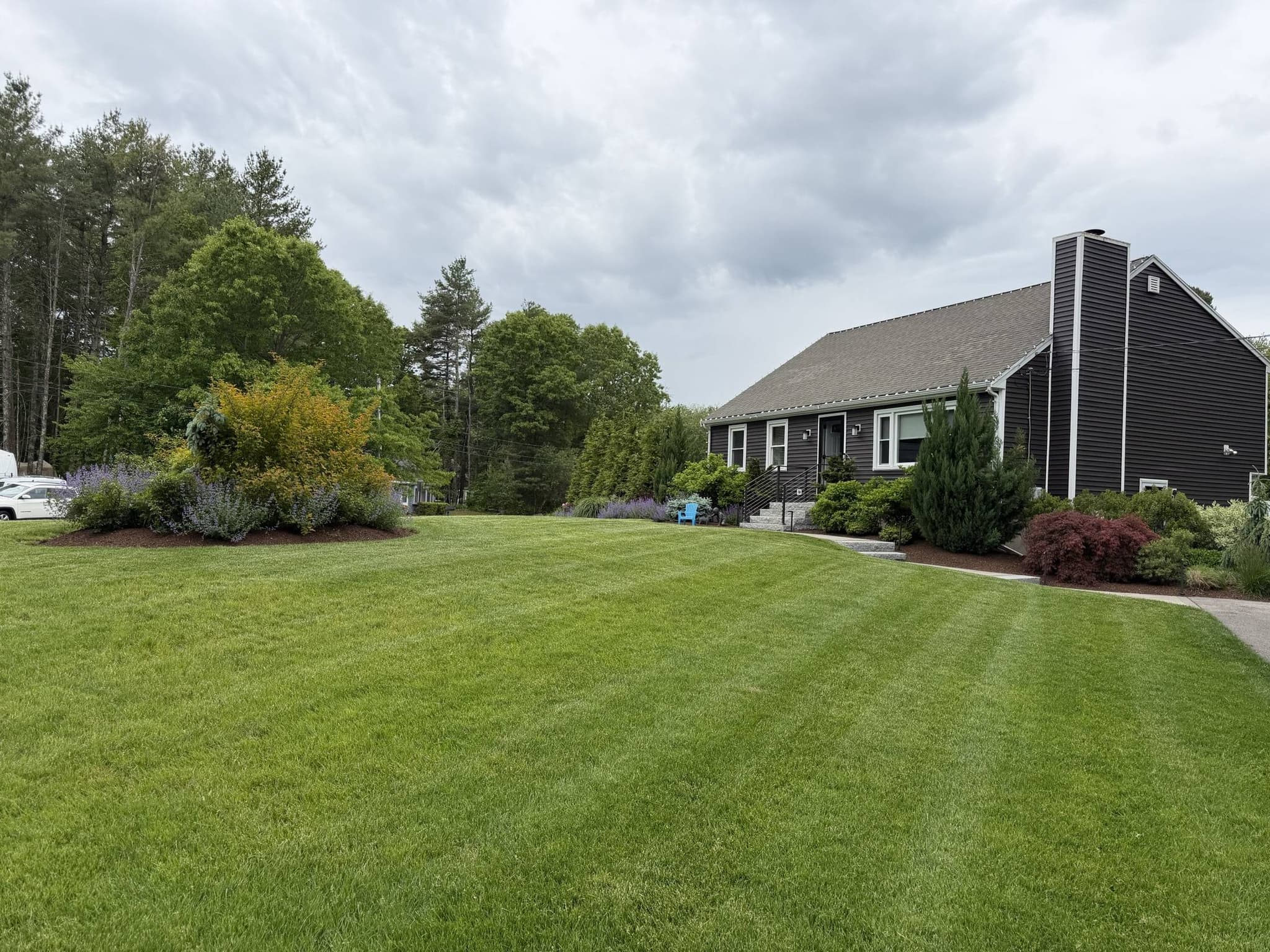 Sweeping maintained lawn at the Read Residence in Taunton, MA — a Hynes Landscaping turf program